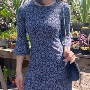 Tommy Hilfiger Bell Sleeve Dress Ivory Geometric Pattern